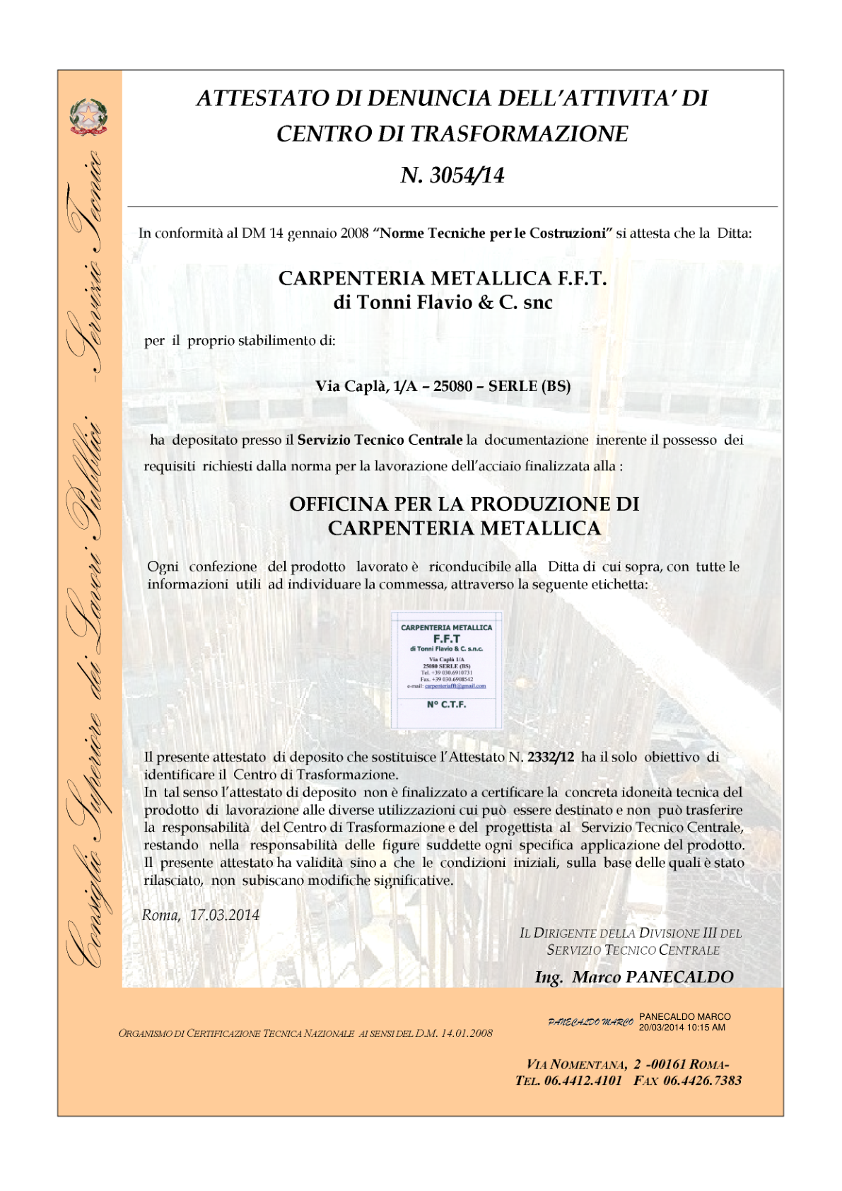 Attestato Centro di Trasformazione
