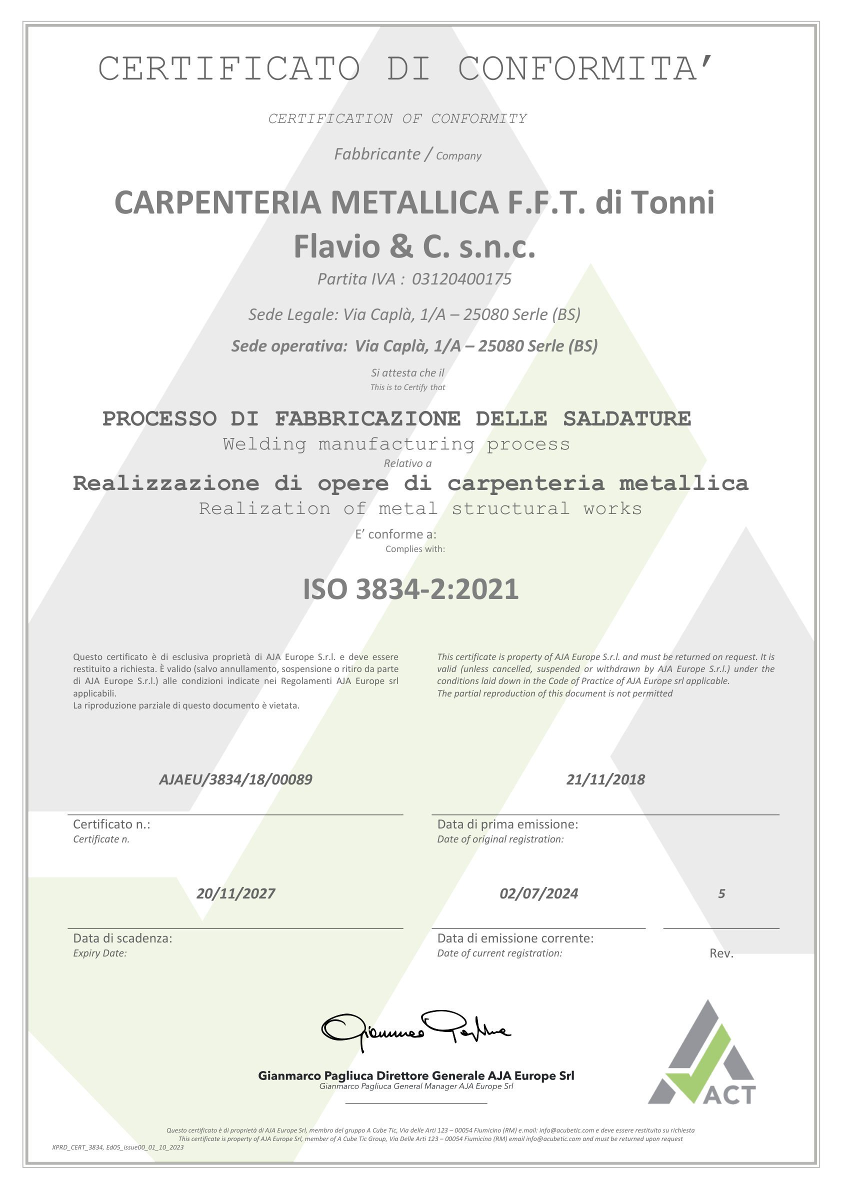 Certificato UNI EN ISO 3834